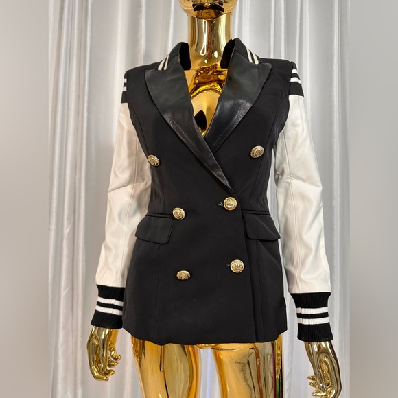 Varsity Blazer Faux Leather Jacket sz 0 - Picture 5 of 9